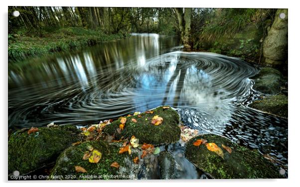 Autumn whirlpool on the River Washburn, Yorkshire Dales. Acrylic by Chris North