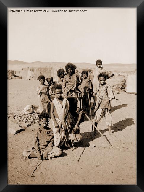 100 Year old Egyptian Photo, Group of Bisharin men Framed Print by Philip Brown