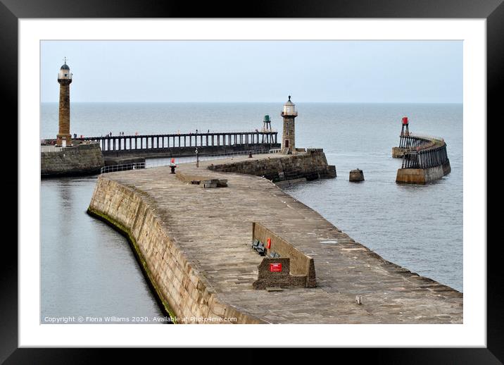 lighthouses at the end of the piers at whitby harb Framed Mounted Print by Fiona Williams