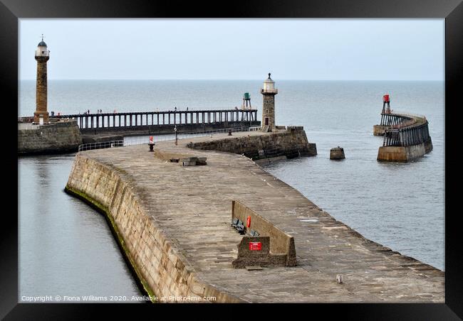 lighthouses at the end of the piers at whitby harb Framed Print by Fiona Williams