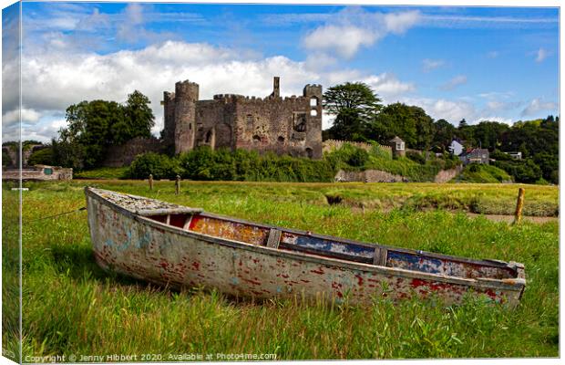 Laugharne Castle with an abandoned boat in the foreground Canvas Print by Jenny Hibbert