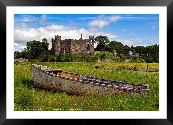 Laugharne Castle with an abandoned boat in the foreground Framed Mounted Print by Jenny Hibbert
