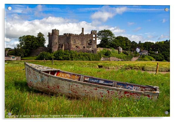 Laugharne Castle with an abandoned boat in the foreground Acrylic by Jenny Hibbert