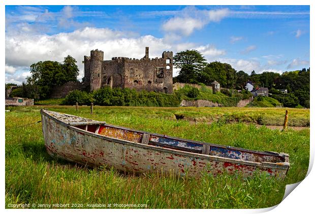 Laugharne Castle with an abandoned boat in the foreground Print by Jenny Hibbert