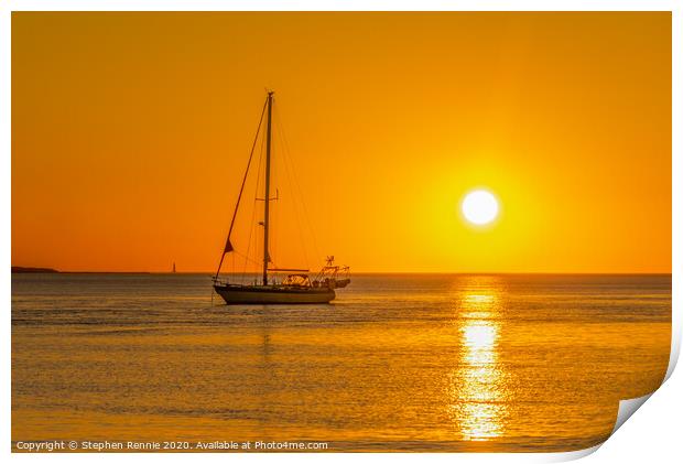 Yacht in orange sunset Print by Stephen Rennie