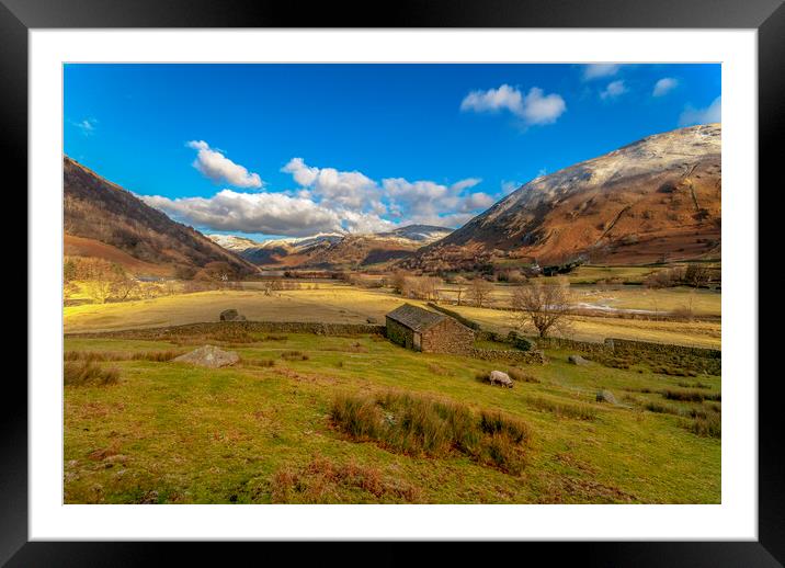 snowy mountain tops  in the lake district cumbria Framed Mounted Print by Eddie John
