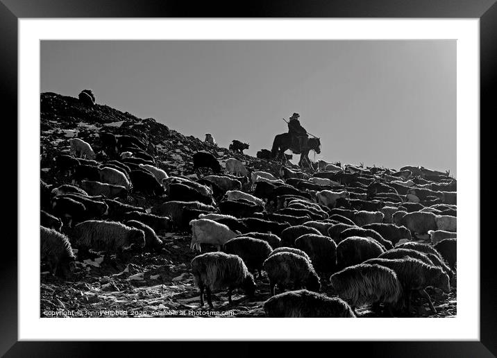 A black and white photo of a herder with livestock migrating in Mongolia Framed Mounted Print by Jenny Hibbert