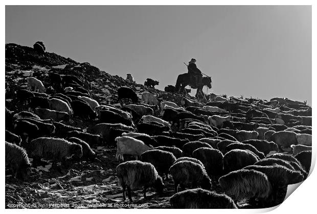 A black and white photo of a herder with livestock migrating in Mongolia Print by Jenny Hibbert