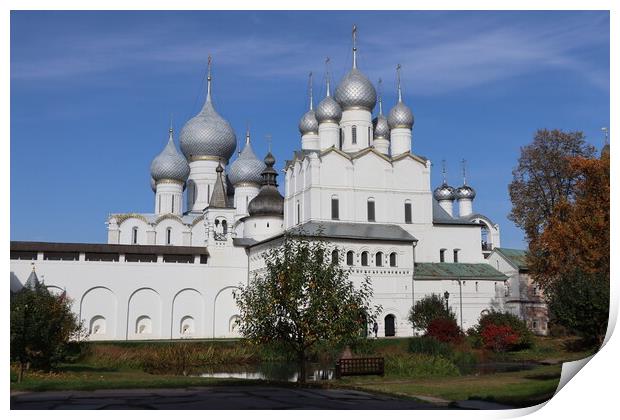 Historical landscape. A beautiful white Christian Church against a blue sky Print by Karina Osipova