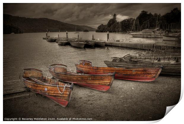 Boats at Bowness - Windermere Lake Print by Beverley Middleton