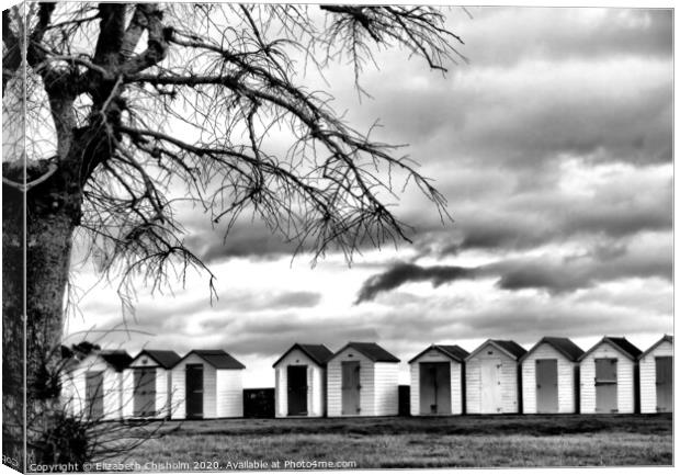 Beach Huts in Black and White -End of the season Canvas Print by Elizabeth Chisholm