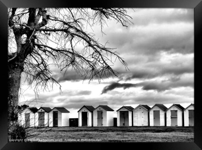 Beach Huts in Black and White -End of the season Framed Print by Elizabeth Chisholm