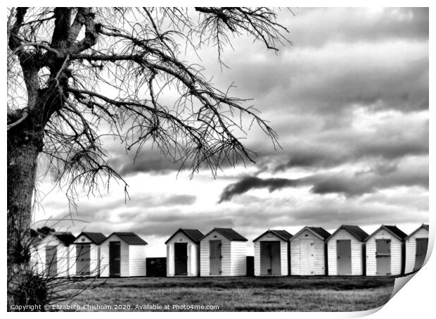 Beach Huts in Black and White -End of the season Print by Elizabeth Chisholm