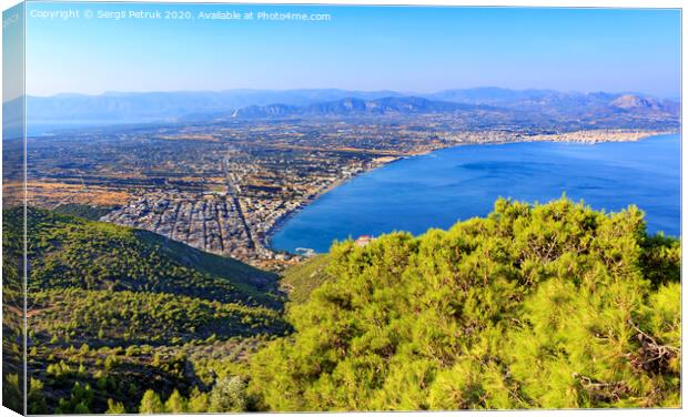 A beautiful fluffy spruce tree with cones under the bright sun against the backdrop of the city of Loutraki and the sea of blue Corinthian Gulf. Canvas Print by Sergii Petruk