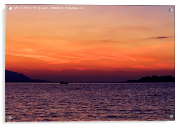 Silhouette of a sea boat running along the horizon of the sea line against the backdrop of a beautiful, vibrant sunset on the Gulf of Corinth. Acrylic by Sergii Petruk