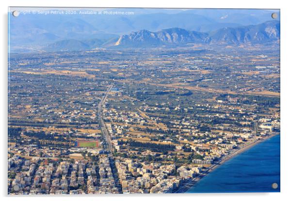 Panorama of the city of Loutraki, Greece aerial view. Acrylic by Sergii Petruk