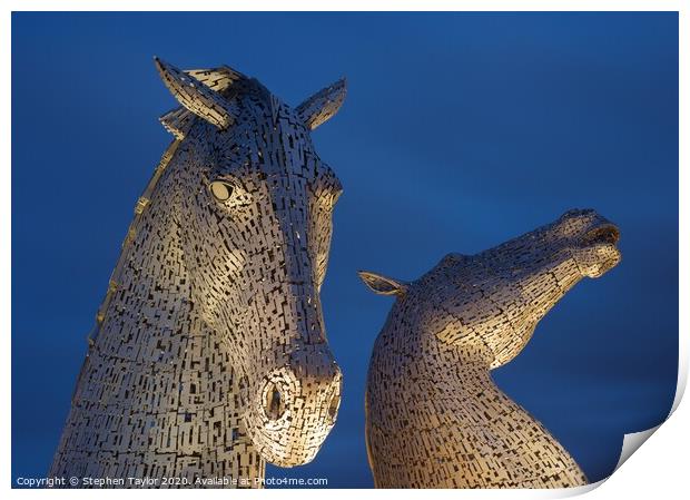 The Kelpies at night Print by Stephen Taylor