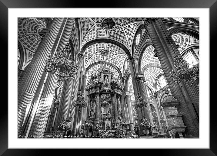 Black and White Basilica Altar Ornate Ceiling Puebla Cathedral M Framed Mounted Print by William Perry