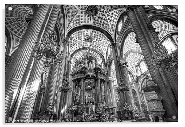 Black and White Basilica Altar Ornate Ceiling Puebla Cathedral M Acrylic by William Perry