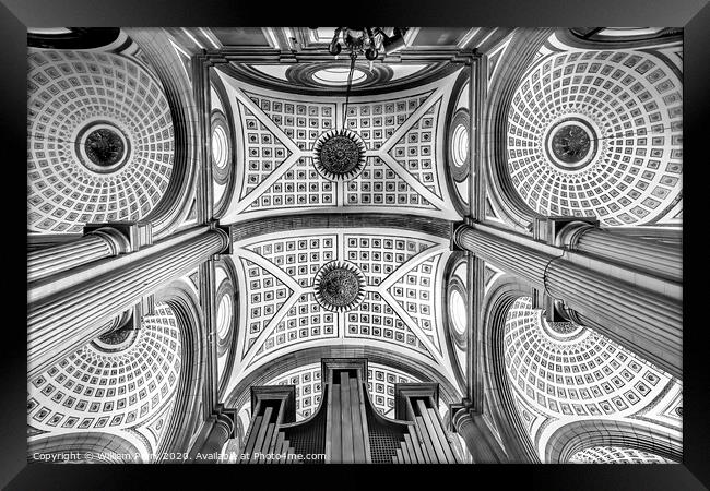Black and White Basilica Ornate Ceiling Puebla Cathedral Mexico Framed Print by William Perry
