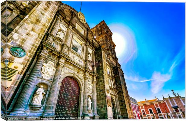 Sun Facade Outside Puebla Cathedral Mexico Canvas Print by William Perry