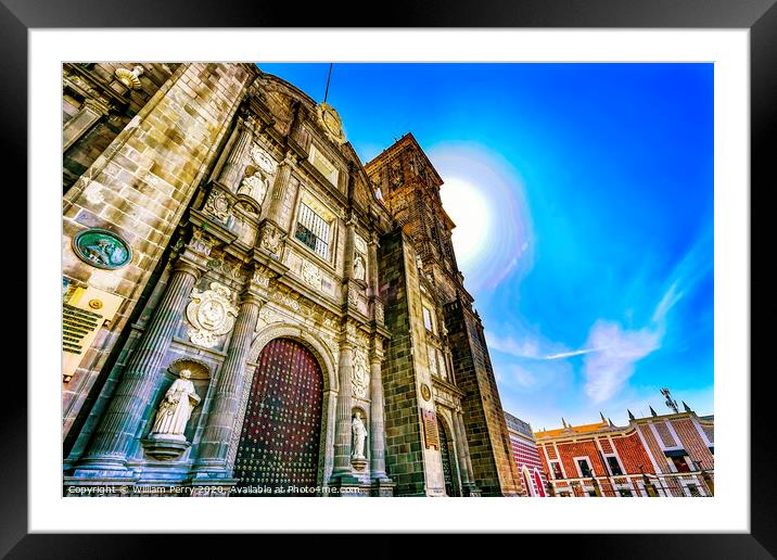 Sun Facade Outside Puebla Cathedral Mexico Framed Mounted Print by William Perry