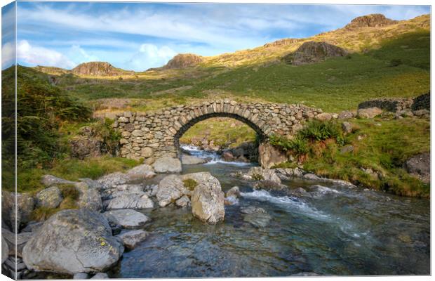 lingcove bridge , pack horse bridge, lingcove beck river esk, eskdale, cumbria, lake district, mountains, mountain stream, rocky out crops, valley, no people, greenery, rural, countryside, uk, great britain, england, walking, outdoor , ancient , Canvas Print by Eddie John