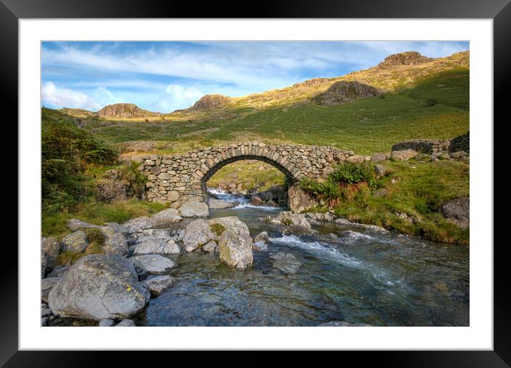 lingcove bridge , pack horse bridge, lingcove beck river esk, eskdale, cumbria, lake district, mountains, mountain stream, rocky out crops, valley, no people, greenery, rural, countryside, uk, great britain, england, walking, outdoor , ancient , Framed Mounted Print by Eddie John