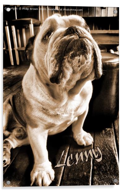 Lenny the Bulldog sitting in a Pub, Sepia Version Acrylic by Philip Brown