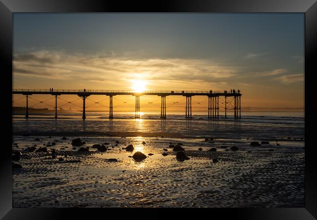 Saltburn pier at sunset, North Yorkshire coast Framed Print by Andrew Kearton
