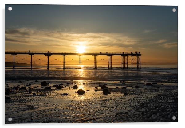 Saltburn pier at sunset, North Yorkshire coast Acrylic by Andrew Kearton