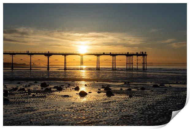 Saltburn pier at sunset, North Yorkshire coast Print by Andrew Kearton