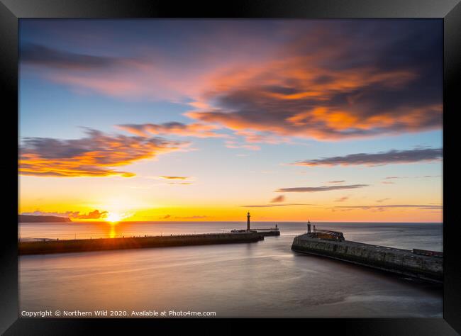 Whitby Pier Sunset Framed Print by Northern Wild
