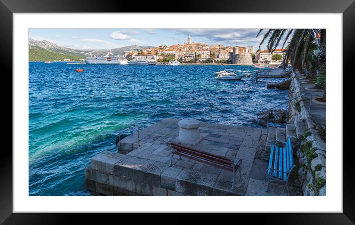 Benches beside the old town of Korcula Framed Mounted Print by Jason Wells