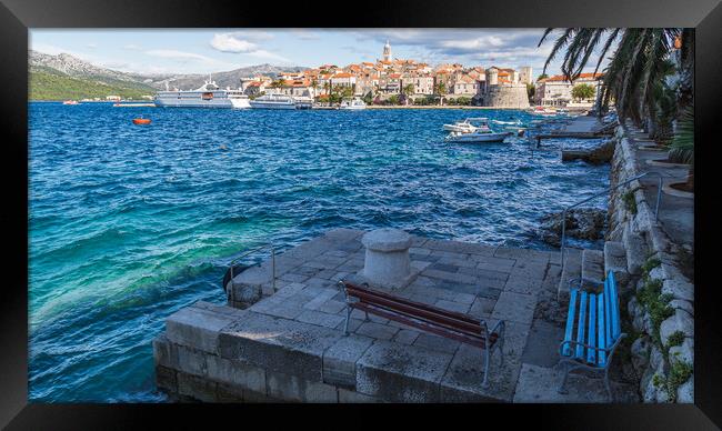 Benches beside the old town of Korcula Framed Print by Jason Wells