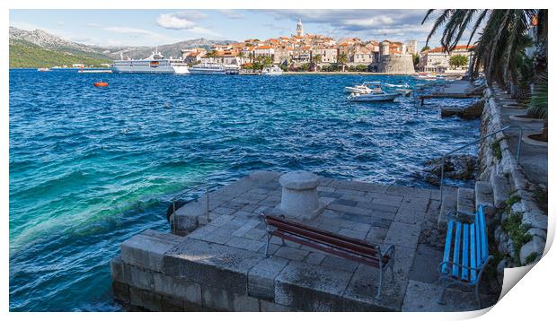 Benches beside the old town of Korcula Print by Jason Wells
