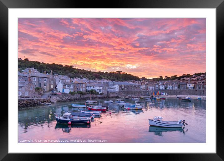 Fiery sunset at Mousehole Harbour Framed Mounted Print by Simon Maycock