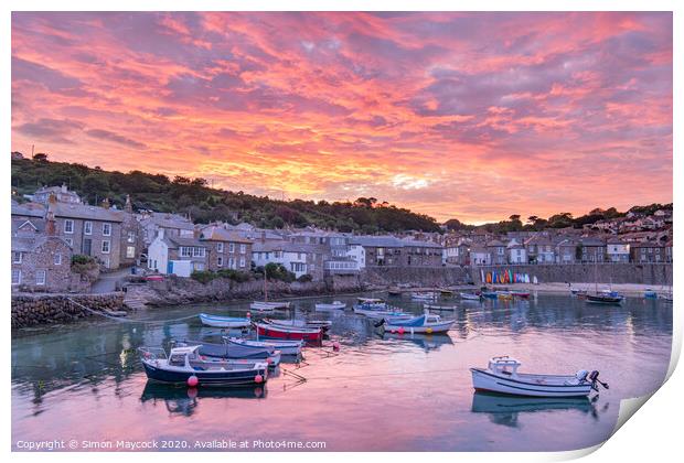 Fiery sunset at Mousehole Harbour Print by Simon Maycock