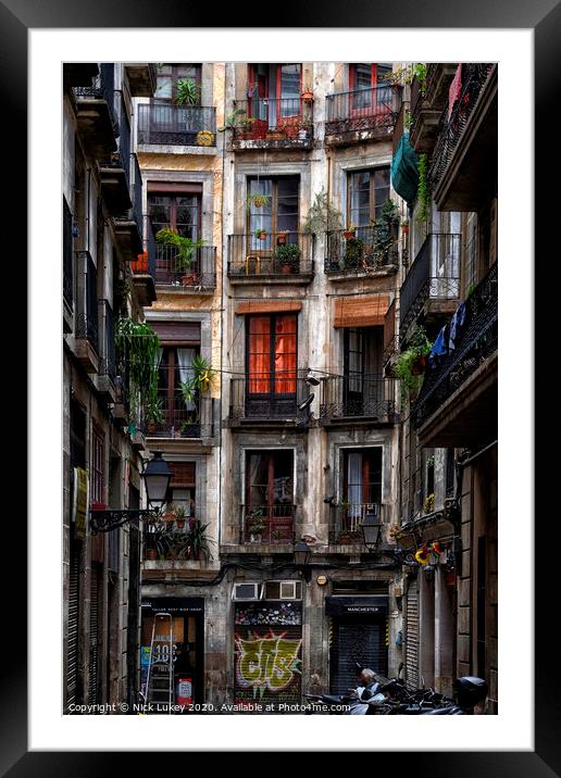 Courtyard in the artist quarter Barcelona Framed Mounted Print by Nick Lukey