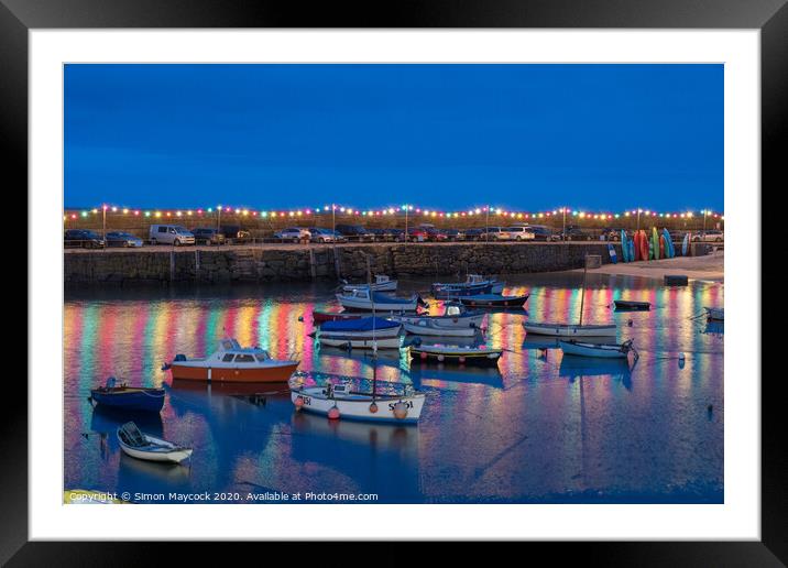 Mousehole Harbour at night Framed Mounted Print by Simon Maycock