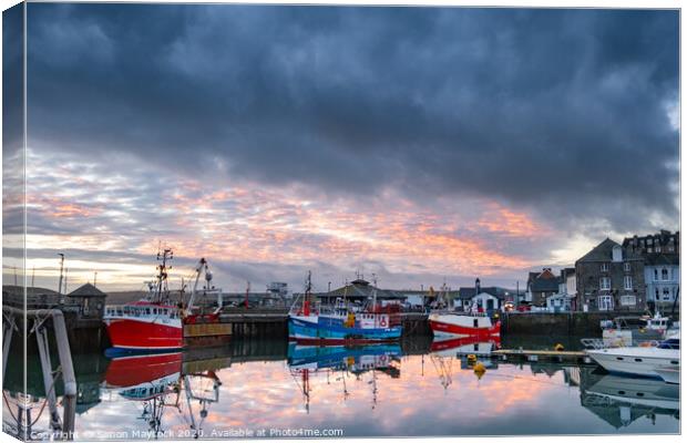 Stormy Padstow Harbour sunrise Canvas Print by Simon Maycock