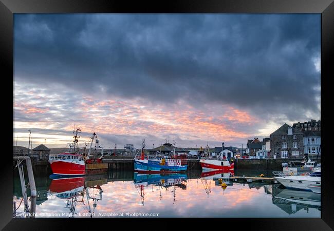 Stormy Padstow Harbour sunrise Framed Print by Simon Maycock