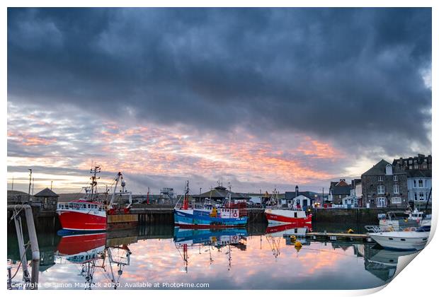 Stormy Padstow Harbour sunrise Print by Simon Maycock