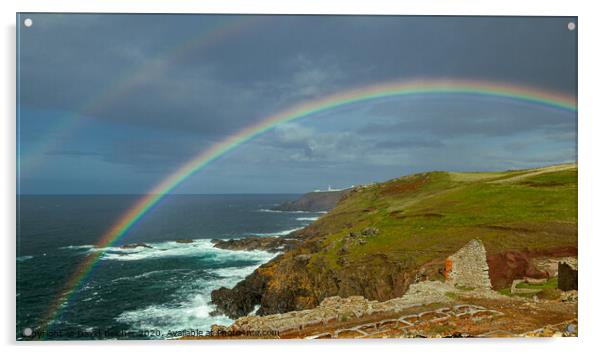 Rainbow over Pendeen lighthouse Acrylic by David Belcher