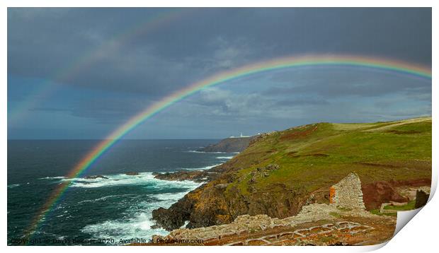 Rainbow over Pendeen lighthouse Print by David Belcher