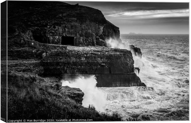 Waves Crashing on Purbeck Stone Cliffs Canvas Print by Max Burridge