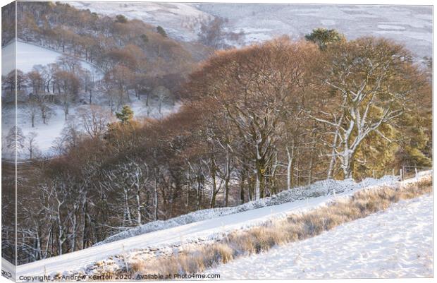 Snowy day at Little Hayfield, Peak District Canvas Print by Andrew Kearton