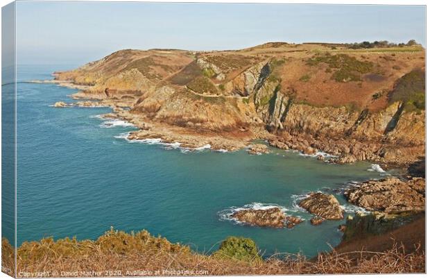 Rocky cove near Crabbe, Jersey, Channel Islands Canvas Print by David Mather
