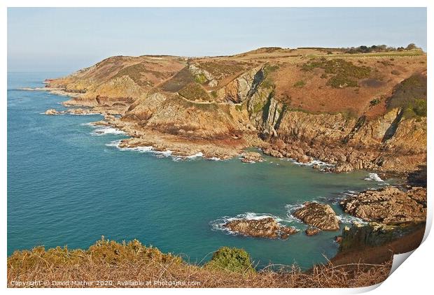 Rocky cove near Crabbe, Jersey, Channel Islands Print by David Mather