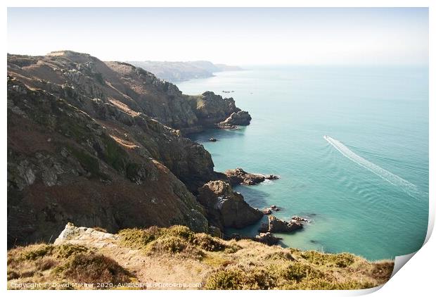 Rocky coast near Crabbe, Jersey, Channel Islands Print by David Mather